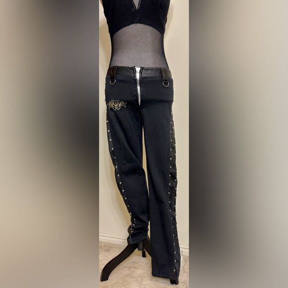 Vintage Y2K Serious La Black Studded Moto Pants Sz 5 - Picture 1 of 11